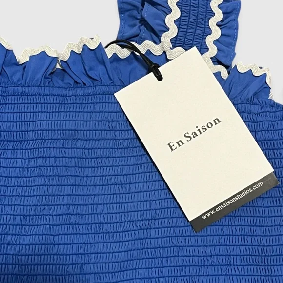 En Saison Smocked Sun Dress Blue XS New With Tags | Rickrack Trim Cotton Blend - Picture 7 of 8